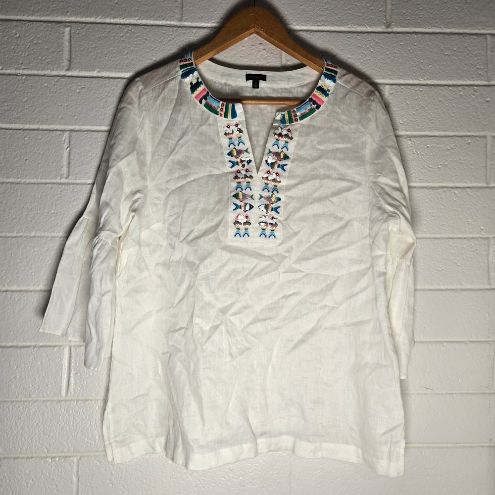 Talbots Womens Blouse Linen Embroidered Fish Sequin XL Bell Sleeve Top Resort